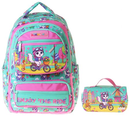 Kaukko Kids Cat Bike Yeşil - Pembe Kız Çocuk İlkokul Sırt Çantası ve Kalem Çantası Seti - SETKK-L5328C