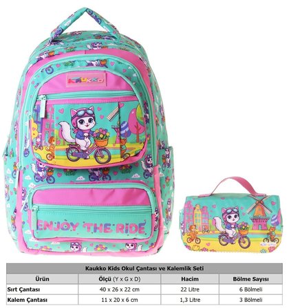 Kaukko Kids Cat Bike Yeşil - Pembe Kız Çocuk İlkokul Sırt Çantası ve Kalem Çantası Seti - SETKK-L5328C