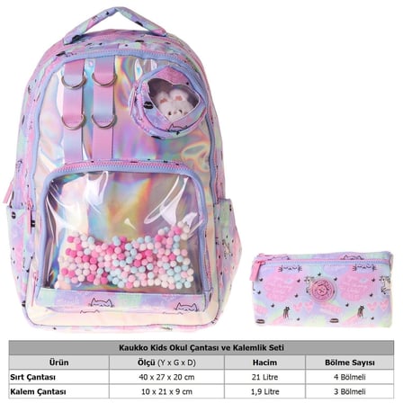 Kaukko Kids Dream Çok Renkli Kız Çocuk İlkokul Sırt Çantası ve Kalem Çantası Seti - SETKK-L5343C