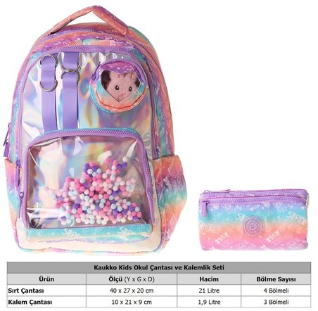 Kaukko Kids Rule Lila Kız Çocuk İlkokul Sırt Çantası ve Kalem Çantası Seti - SETKK-L5348C