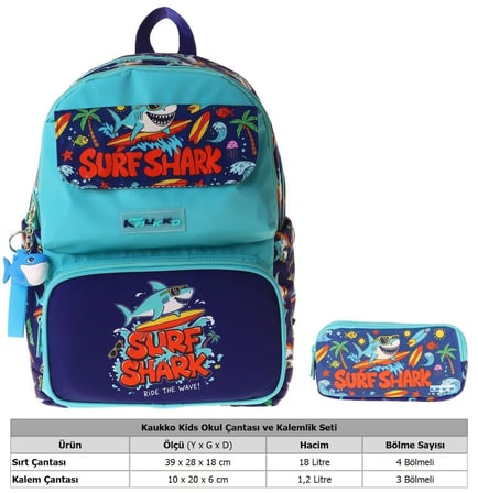 Kaukko Kids Surf Yeşil - Lacivert Erkek Çocuk İlkokul Sırt Çantası ve Kalem Çantası Seti - SETKK-L5354C