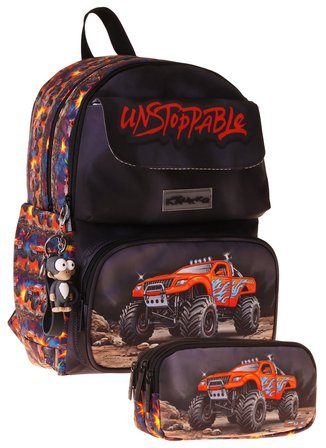 Kaukko Kids Soil Truck Siyah - Kırmızı Erkek Çocuk İlkokul Sırt Çantası ve Kalem Çantası Seti - SETKK-L5359C