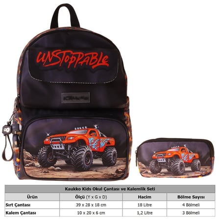 Kaukko Kids Soil Truck Siyah - Kırmızı Erkek Çocuk İlkokul Sırt Çantası ve Kalem Çantası Seti - SETKK-L5359C