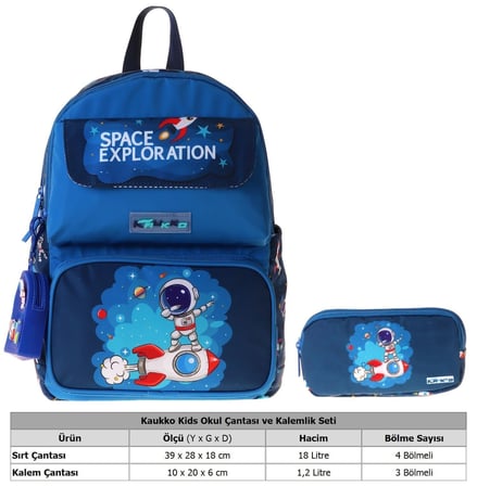Kaukko Kids Space Lacivert Erkek Çocuk İlkokul Sırt Çantası ve Kalem Çantası Seti - SETKK-L5364C