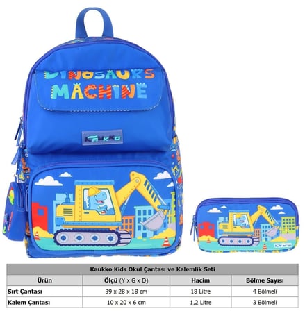 Kaukko Kids Mechanic Mavi - Sarı Erkek Çocuk İlkokul Sırt Çantası ve Kalem Çantası Seti - SETKK-L5369C