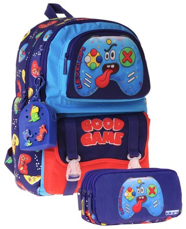 Kaukko Kids Good Game Lacivert - Kırmızı Erkek Çocuk İlkokul Sırt Çantası ve Kalem Çantası Seti - SETKK-L5389C