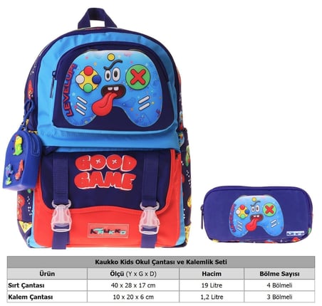 Kaukko Kids Good Game Lacivert - Kırmızı Erkek Çocuk İlkokul Sırt Çantası ve Kalem Çantası Seti - SETKK-L5389C