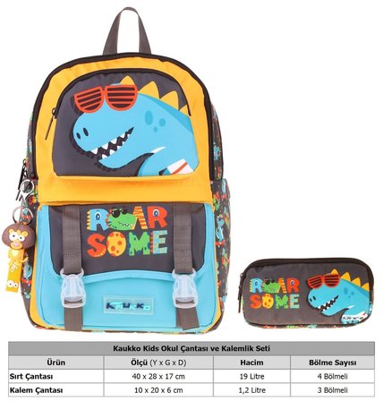 Kaukko Kids Roar Sarı - Mavi Erkek Çocuk İlkokul Sırt Çantası ve Kalem Çantası Seti - SETKK-L5394C