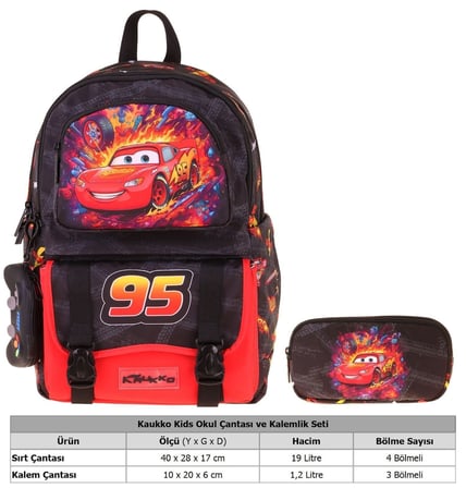 Kaukko Kids Rust Eze Kırmızı - Siyah Erkek Çocuk İlkokul Sırt Çantası ve Kalem Çantası Seti - SETKK-L5399C