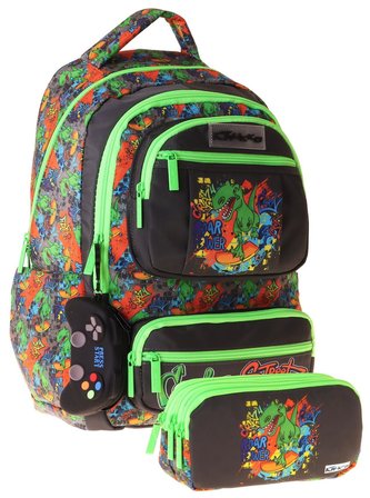 Kaukko Kids Street Siyah - Yeşil Erkek Çocuk İlkokul Sırt Çantası ve Kalem Çantası Seti - SETKK-L5414C