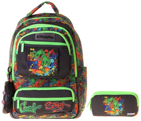 Kaukko Kids Street Siyah - Yeşil Erkek Çocuk İlkokul Sırt Çantası ve Kalem Çantası Seti - SETKK-L5414C