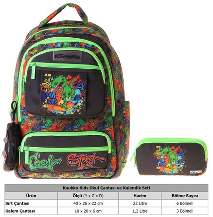 Kaukko Kids Street Siyah - Yeşil Erkek Çocuk İlkokul Sırt Çantası ve Kalem Çantası Seti - SETKK-L5414C