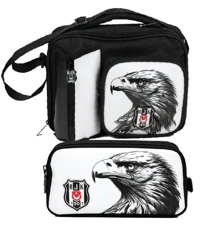 Beşiktaş Kartal Baskılı Beyaz - Siyah Erkek Çocuk Okul Beslenme Çantası ve Kalemlik Seti - SETBJK26363