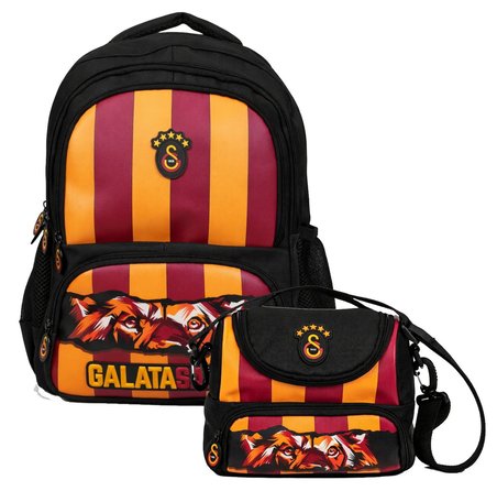 Galatasaray Erkek Çocuk İlkokul Çantası ve Beslenme Çantası Seti (GS Aslan Baskılı) Siyah - Kırmızı - SETGS26568B