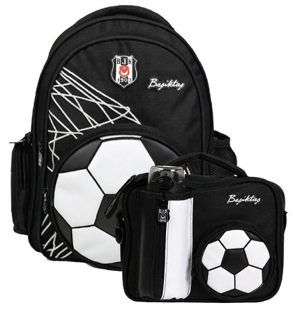 Beşiktaş Erkek Çocuk İlkokul Çantası ve Beslenme Çantası Seti (Futbol Topu Şekilli) Siyah - SETBJK26383B