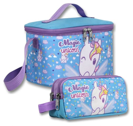 Ümit Çanta Yalıtımlı Beslenme Çantası ve Kalemlik Seti (Mor - Turkuaz) Kız Çocuk Magic Unicorn Baskılı SETUMT6016