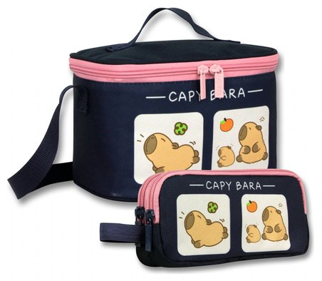 Capybara Yalıtımlı Beslenme Çantası ve Kalemlik Seti (Lacivert - Pembe) Kız Çocuk Capybara baskılı SETCPB6213