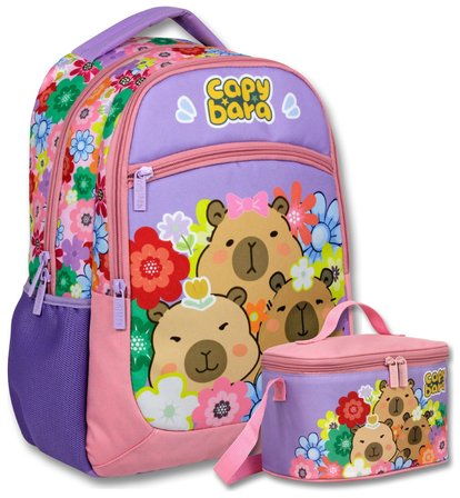 Capybara Kız Çocuk Çiçek ve Capybara Baskılı Okul Çantası+Beslenme Çantası Seti - SETCPB6203B