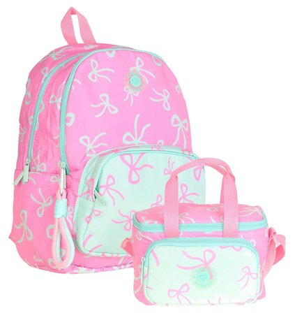 Kaukko Bow Kız Çocuk Pembe - Yeşil Fiyonk Baskılı Okul Çantası ve Beslenme Çantası Seti - SETKK-K1876B