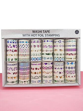 Renkli Yaldızlı Vintage Washi Tape Bant Yapışkanlı Maskeleme Kağıdı 5 lı - Flamingo