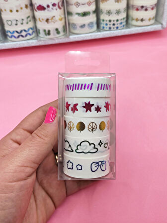 Renkli Yaldızlı Vintage Washi Tape Bant Yapışkanlı Maskeleme Kağıdı 5 lı - Kurdele