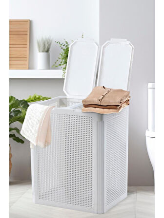 Omnipazar SY-4632 Smart Duo İki Bölmeli Kirli Çamaşır Sepeti 84 Litre Beyaz
