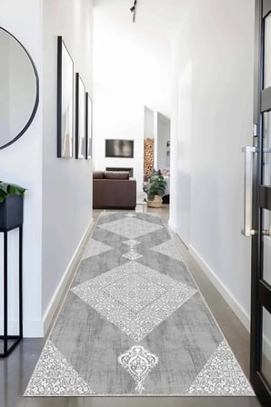 Pelangi Geometrik Karo Desenli Dijital Baskı Yıkanabilir Kaymaz Taban Modern Salon Halısı ve Yolluk, Gri 60 x 200, 95541172602007