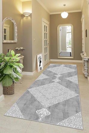 Pelangi Geometrik Karo Desenli Dijital Baskı Yıkanabilir Kaymaz Taban Modern Salon Halısı ve Yolluk, Gri 60 x 200, 95541172602007