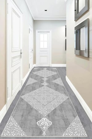 Pelangi Geometrik Karo Desenli Dijital Baskı Yıkanabilir Kaymaz Taban Modern Salon Halısı ve Yolluk, Gri 60 x 200, 95541172602007