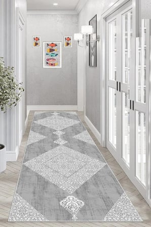 Pelangi Geometrik Karo Desenli Dijital Baskı Yıkanabilir Kaymaz Taban Modern Salon Halısı ve Yolluk, Gri 60 x 200, 95541172602007