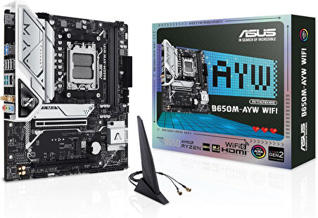 ASUS B650M-AYW WiFi AMD B650 Micro-ATX Anakart, DDR5, PCIe 5.0 M.2 Desteği, HDMI, Realtek 2.5Gb Ethernet, Wi-Fi 6, Arka USB 10Gbps Bağlantı Noktaları, Ön USB 5Gbps Tip-C, SATA 6 Gbps