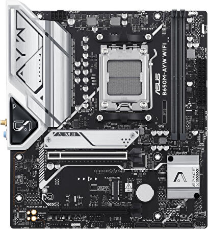 ASUS B650M-AYW WiFi AMD B650 Micro-ATX Anakart, DDR5, PCIe 5.0 M.2 Desteği, HDMI, Realtek 2.5Gb Ethernet, Wi-Fi 6, Arka USB 10Gbps Bağlantı Noktaları, Ön USB 5Gbps Tip-C, SATA 6 Gbps