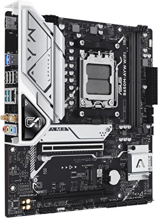 ASUS B650M-AYW WiFi AMD B650 Micro-ATX Anakart, DDR5, PCIe 5.0 M.2 Desteği, HDMI, Realtek 2.5Gb Ethernet, Wi-Fi 6, Arka USB 10Gbps Bağlantı Noktaları, Ön USB 5Gbps Tip-C, SATA 6 Gbps