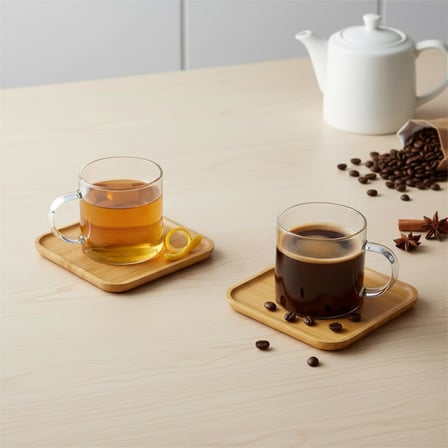 Bambu Tabaklı 2'li Cam Fincan Seti 150 ml - Yuvarlak/Kare Seçenekli Borosilikat Bitki Çayı ve Double Kahve Fincanı (KARE TABAKLI)