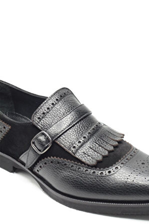Siyah Hakiki Deri ve Süet Kombinli Kiltie Püsküllü Tokalı Monk Strap Klasik Erkek Ayakkabı