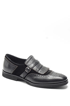 Siyah Hakiki Deri ve Süet Kombinli Kiltie Püsküllü Tokalı Monk Strap Klasik Erkek Ayakkabı