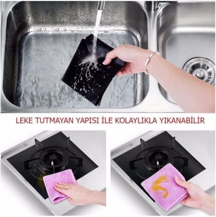Premium Yanmaz Yapışmaz Ocak Koruyucu Seti: 4'lü Siyah, Kolay Temizlenen Yeniden Kullanılabilir Kaplamalar
