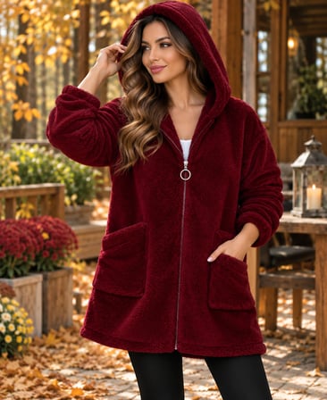 Düz Peluş Kapşonlu Hırka Bordo