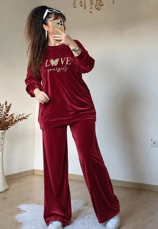 Love Yazılı Kadife Takım Bordo