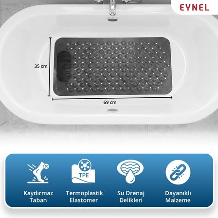 Vantuzlu Banyo ve Duş Kaydırmazı Duşa Kabin Küvet İçi Vantuzlu Banyo Paspası (35x69 cm) (Gri)