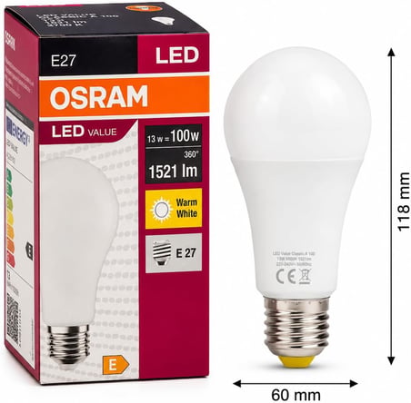 OSRAM LED Value Classic A100 E27 LED Ampul 13W 1521 Lümen 100W Eşdeğeri Uzun Ömürlü Enerji Tasarruflu Ampul 10'lu Paket (Sarı Işık)