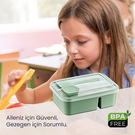 3 Bölmeli Beslenme Kabı 920 ml Sosluklu Sızdırmaz Kapaklı BPA İçermez Çatal Kaşık Dahil Lunch Box Bölmeli Yemek Kabı (Yeşil)