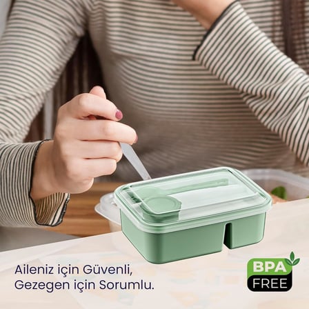 3 Bölmeli Beslenme Kabı 920 ml Sosluklu Sızdırmaz Kapaklı BPA İçermez Çatal Kaşık Dahil Lunch Box Bölmeli Yemek Kabı (Yeşil)