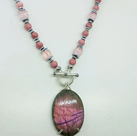 2457 Labradorit Rodonit Necef el yapımı kolye