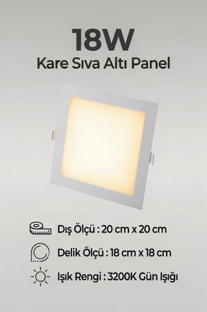 18W Kare Sıva Altı LED Panel Armatür 3200K Gün Işığı – 20x20 cm | 18x18 cm Delik Ölçüsü