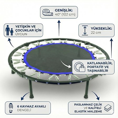 Trambolin 102 cm 40" Yuvarlak Stabil Çelik Çerçeve 22 cm Yükseklik Çocuk ve Yetişkin için Taşınabilir Profesyonel Fitness Egzersiz Trampolini