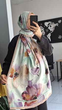 Aminenesil Bambu Kraş Çiçek Desen Şal Vizon Bej Sütlü kahve