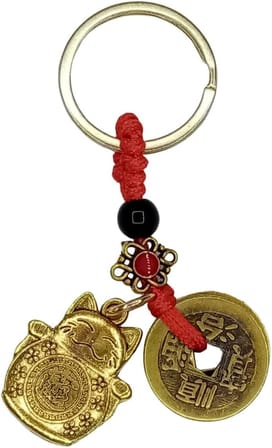 Çin Feng Shui Şans ve Bereket Parası Maneki Neko Metal Anahtarlık