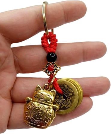 Çin Feng Shui Şans ve Bereket Parası Maneki Neko Metal Anahtarlık