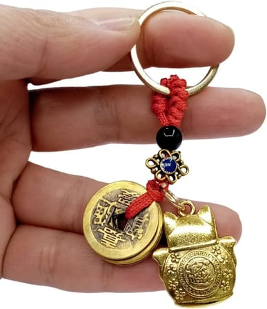 Çin Feng Shui Şans ve Bereket Parası Maneki Neko Metal Anahtarlık